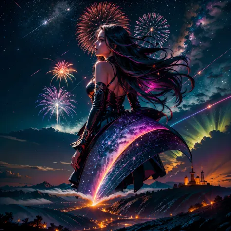 galaxy colorgalaxy spacious nebula dark _night_sky (Splendid fireworks bloom in the dark night sky background) moonset moonrise ...