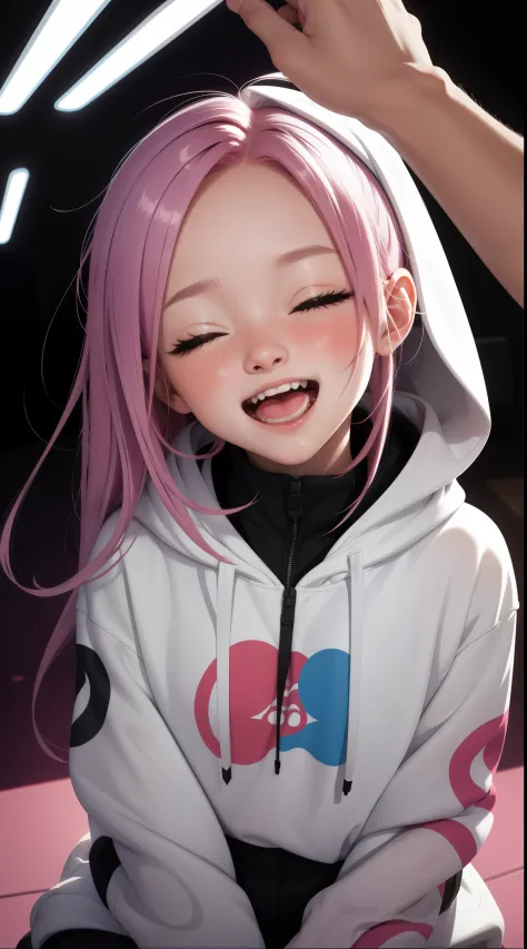 masterpiece, Surreal, hoodie, head tilt, hair between eyes, laughing out loud, open mouth, squint, 1 girl, alone, with one eye c...