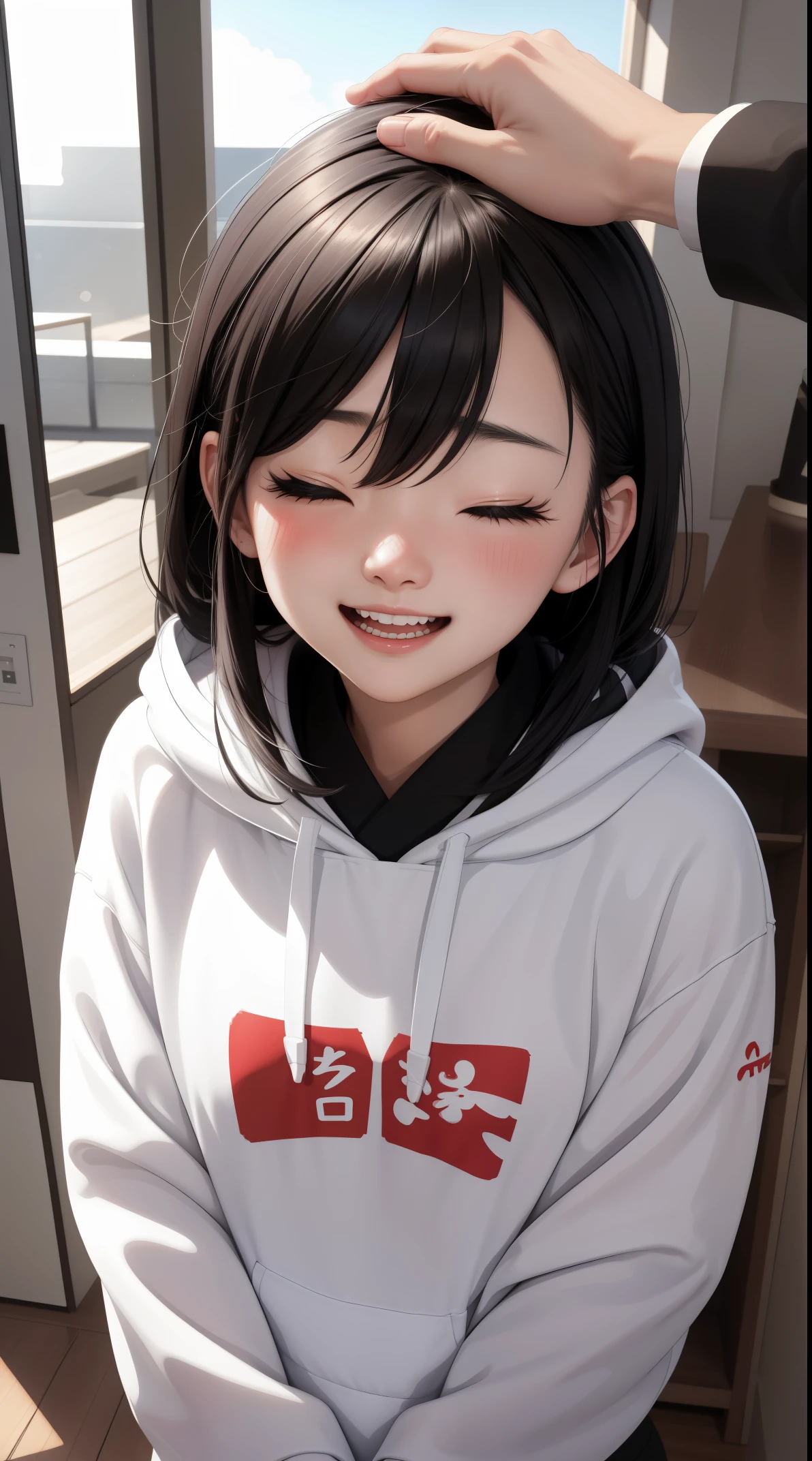 masterpiece, surreal, hoodie, Head tilt, Hair between the eyes, laughing out loud, open mouth, Squint, 1 girl, alone, with one eye closed, Look up, backlight,Alternative colors, Alternating hair length, blushing perspective, head