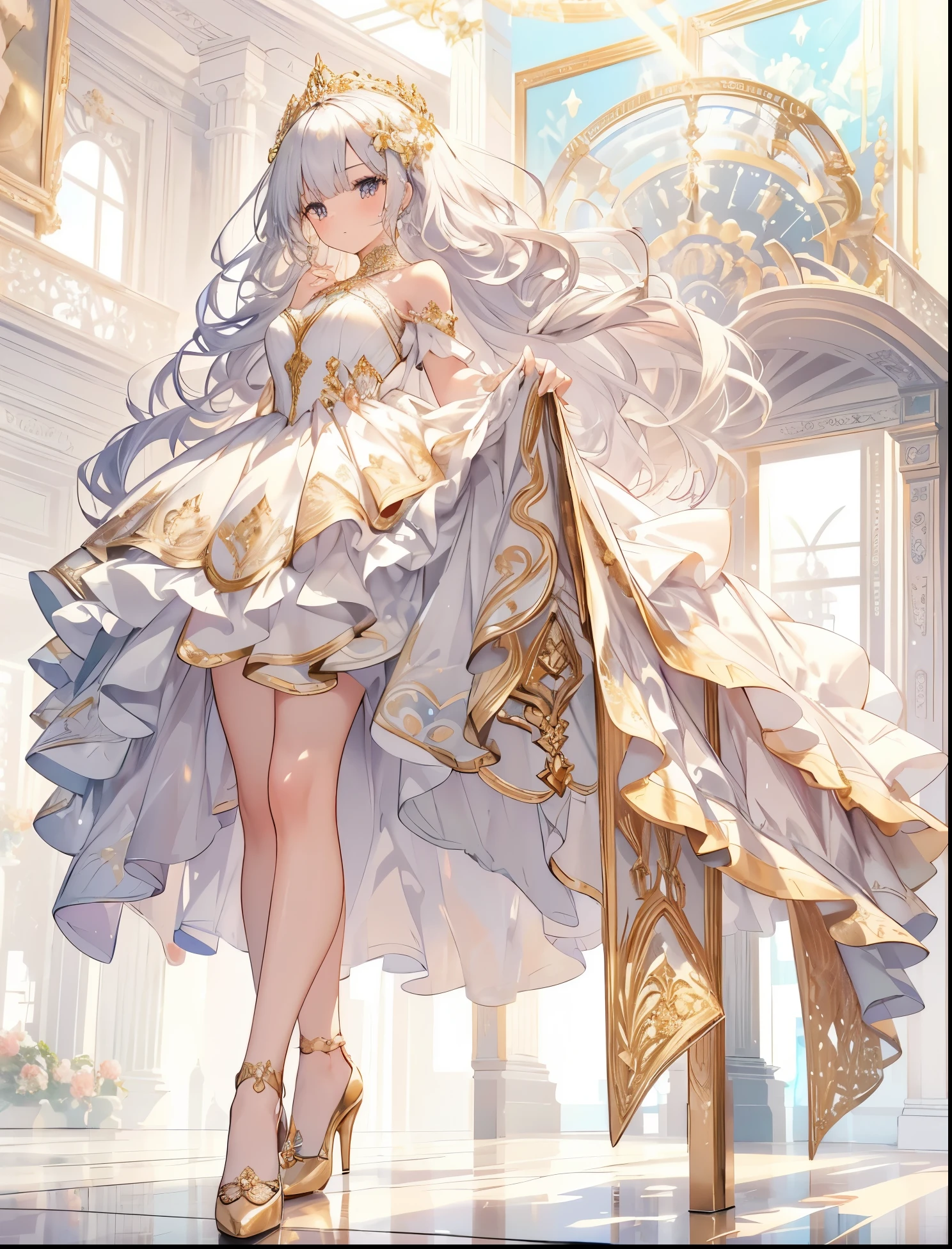 A super beautiful photo of a girl wearing a majestic white and gold ball gown dress,big beautiful dress, Intricate billowing ball gown with lots of ruffles and rhinestones, pieces fly, art station, fantasy art:1.2), Palace Room, beautiful cute girl, (long hair:1.2), (intricate short gold skirt 1.2, full body shot)