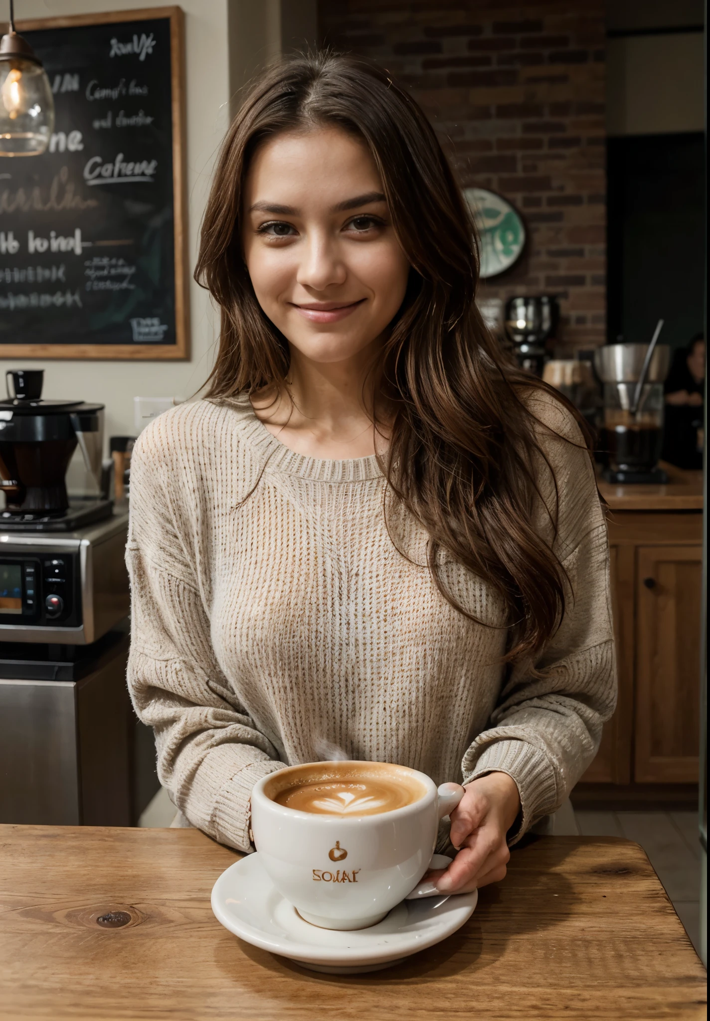 best quality,4k,8k,highres,masterpiece:1.2),ultra-detailed,(realistic,photorealistic,photo-realistic:1.37),beautiful woman, 30 years old,smiling woman,long,wavy,dark brown hair,dark brown eyes,happy expression,detailed hair strands,happiness,relaxing atmosphere,upscale coffee shop,dressed in jeans,stylish and modern outfit,comfortable seating area,wooden furniture,cozy ambient lighting,large glass windows,people enjoying their coffee,different coffee brewing equipment,high quality coffee beans,rich aroma,freshly ground coffee beans,delicate foam on the coffee cup,steaming hot coffee,takeout cups,csoft background music,vibrant and energetic atmosphere,warm color palette,neutral colors with pops of earth tones,warm and soft lighting,stylish decor elements,artistic wall paintings,beautifully designed menu board,hanging plants from the ceiling,bright and clean space,to-go pastry options,indulgent treats,detailed coffee cup designs,reflections on the coffee cups,friendly and attentive customer service,inviting and welcoming environment,classy and upscale coffee experience, best quality, UHD, high details, best quality, beautiful face, long oval face, deep cahrming look, deep eyes, cinematic lighting, motion blur, film grain, very detailed, 30 years, natural wave hair, dark brown eyes, high-res, masterpiece, best quality, intricate details, highly detailed, sharp focus, detailed skin, realistic skin texture, texture, detailed eyes, professional, 4k, 85mm, shallow depth of field, kodak color vision, perfect fit body, extremely detailed, photo_\(ultra\), photorealistic, realistic, post-processing, maximum detail, roughness, real life, ultra realistic, photorealism, photography, 8k uhd, photography (grain of film) medium shot for closeup shot, longer slimer face, perfect face, MIDDLE SIZE BREAST under the clothes, sporty slim body, HANDS ARE HIDDEN FROM THE IMAGE, long charming face, long oval face, deep charming eyes, wearing luxury sweater 