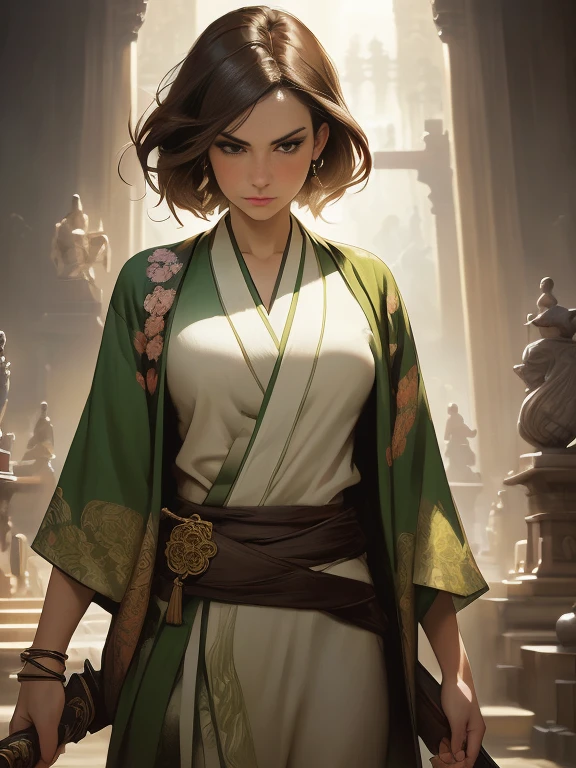 (Caucasianwoman, female, short brown hair, pale, brown eyes, solo portrait, natural breasts) green kimono, green clothing, close-up, standing inside, good lighting, daytime, infront of temple ((masterpiece, best quality)), art by greg rutkowski