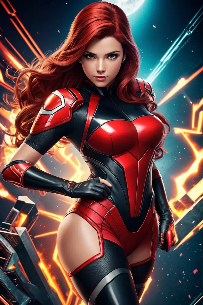 (best quality,8k:1.2,high resolution:1.2),ultra-detalhado,Realistic,vintage science fiction female superhero,retro, red hair,ros...
