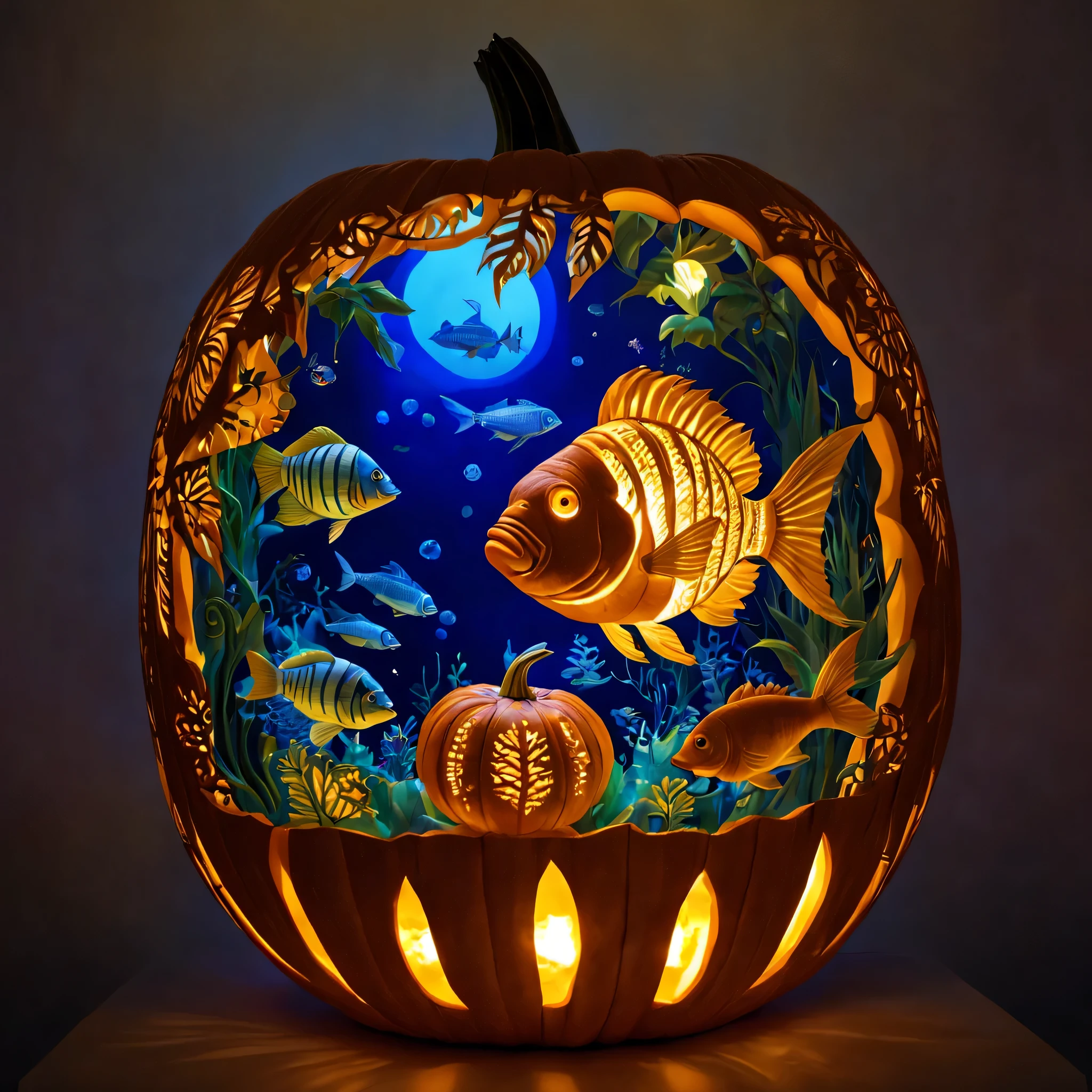 Pumpkin carving, Cutting art, cutting work, (Feels like being shaved:1.3), Blue light lantern made from cut pumpkin, intricate tropical fish carvings, (masterpiece), (highest quality), (Ultra high detail)