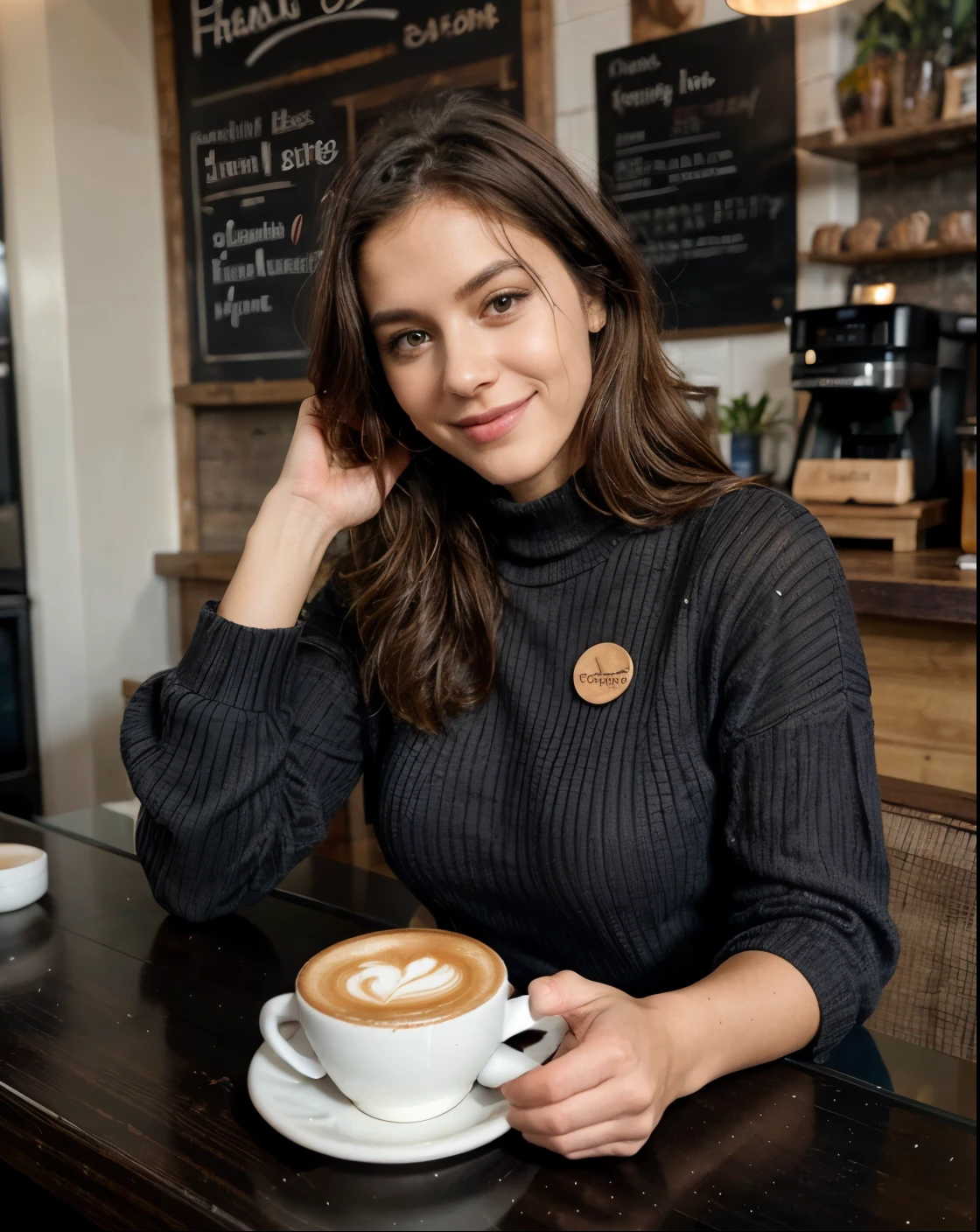 (mejor calidad,4k,8K,alta resolución,obra maestra:1.2),ultra detallado,(Realista,FotoRealista,Foto-Realista:1.37),Mujer hermosa, 30 años old,mujer sonriente,largo,ondulado,cabello castaño oscuro,ojos café oscuro,expresión feliz,mechones de cabello detallados,Felicidad,ambiente relajante,cafetería de lujo,vestido con jeans,traje elegante y moderno,cómoda zona de estar,muebles de madera,iluminación ambiental acogedora,grandes ventanales de cristal,gente disfrutando de su cafe,diferentes equipos para preparar café,granos de café de alta calidad,rico aroma,granos de café recién molidos,espuma delicada en la taza de café,café humeante,tazas para llevar,cafetera en el mostrador,máquinas de café expreso,música de fondo suave,atmósfera vibrante y enérgica,paleta de colores cálidos,colores neutros con toques de tonos tierra,Iluminación cálida y suave,elementos de decoración con estilo,pinturas murales artísticas,tablero de menú bellamente diseñado,plantas colgantes del techo,espacio luminoso y limpio,opciones de repostería para llevar,golosinas indulgentes,diseños detallados de tazas de café,reflexiones sobre las tazas de café,servicio al cliente amable y atento,ambiente acogedor y acogedor, luz suave, mejor calidad, HD, detalles altos, mejor calidad, Hermoso rostro, largo oval face, mirada profunda y fascinante, ojos profundos, iluminación cinematográfica, Desenfoque de movimiento, grano de la película, Muy detallado, 30 años, cabello ondulado natural, ojos café oscuro, alta resolución, obra maestra, mejor calidad, detalles intrincados, muy detallado, enfoque nítido, piel detallada, Realista skin textura, textura, ojos detallados, Profesional, 4k, 85mm, poca profundidad de campo, Visión del color Kodak, cuerpo en forma perfecta, extremadamente detallado, Foto_\(ultra\), FotoRealista, Realista, Postprocesamiento, máximo detalle, aspereza, vida real, ultra Realista, Fotorealism, Fotography, 8K uhd, Fotography (grano de película) plano medio para primer plano, largoer slimer face, cara perfecta, pecho de tamaño mediano, cuerpo delgado deportivo, las manos están ocultas de la imagen