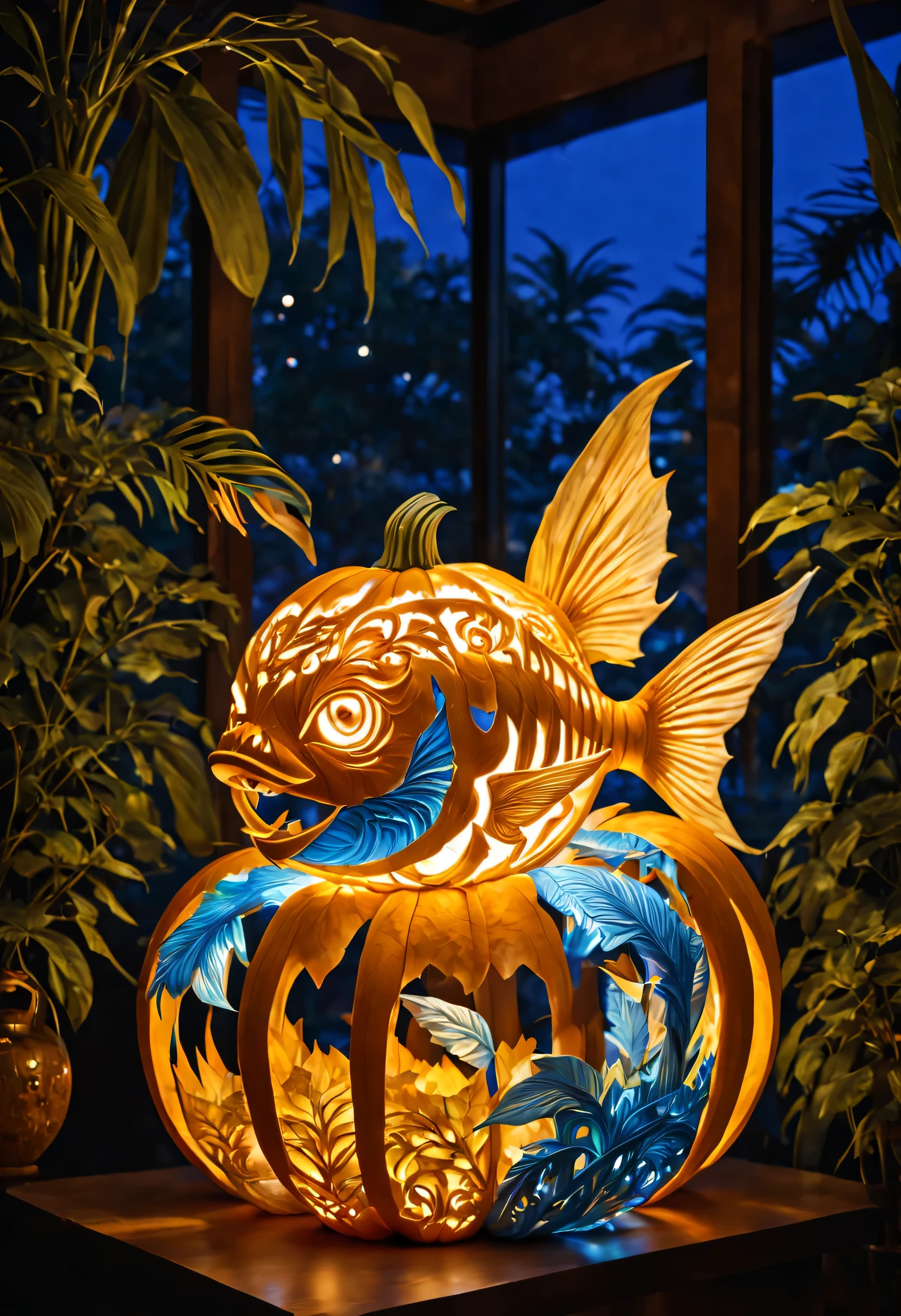 Pumpkin carving, Cutting art, cutting work, (Feels like being shaved:1.3), Blue light lantern made from cut pumpkin, intricate tropical fish carvings, (masterpiece), (highest quality), (Ultra high detail)