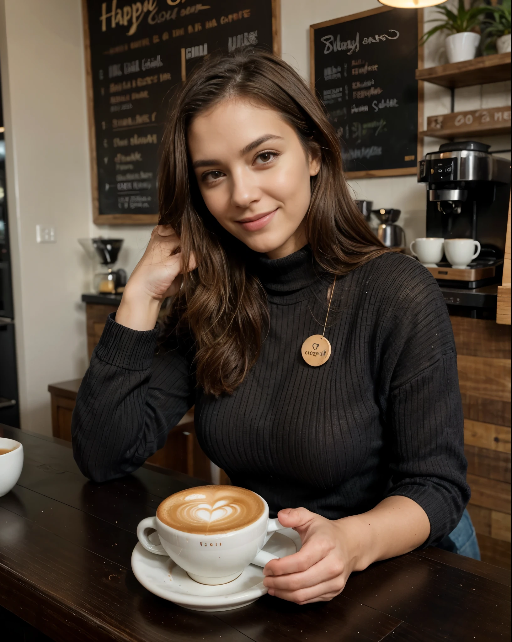 (mejor calidad,4k,8K,alta resolución,obra maestra:1.2),ultra detallado,(Realista,FotoRealista,Foto-Realista:1.37),Mujer hermosa, 30 años old,mujer sonriente,largo,ondulado,cabello castaño oscuro,ojos café oscuro,expresión feliz,mechones de cabello detallados,Felicidad,ambiente relajante,cafetería de lujo,vestido con jeans,traje elegante y moderno,cómoda zona de estar,muebles de madera,iluminación ambiental acogedora,grandes ventanales de cristal,gente disfrutando de su cafe,diferentes equipos para preparar café,granos de café de alta calidad,rico aroma,granos de café recién molidos,espuma delicada en la taza de café,café humeante,tazas para llevar,cafetera en el mostrador,máquinas de café expreso,música de fondo suave,atmósfera vibrante y enérgica,paleta de colores cálidos,colores neutros con toques de tonos tierra,Iluminación cálida y suave,elementos de decoración con estilo,pinturas murales artísticas,tablero de menú bellamente diseñado,plantas colgantes del techo,espacio luminoso y limpio,opciones de repostería para llevar,golosinas indulgentes,diseños detallados de tazas de café,reflexiones sobre las tazas de café,servicio al cliente amable y atento,ambiente acogedor y acogedor, luz suave, mejor calidad, HD, detalles altos, mejor calidad, Hermoso rostro, largo oval face, mirada profunda y fascinante, ojos profundos, iluminación cinematográfica, Desenfoque de movimiento, grano de la película, Muy detallado, 30 años, cabello ondulado natural, ojos café oscuro, alta resolución, obra maestra, mejor calidad, detalles intrincados, muy detallado, enfoque nítido, piel detallada, Realista skin textura, textura, ojos detallados, Profesional, 4k, 85mm, poca profundidad de campo, Visión del color Kodak, cuerpo en forma perfecta, extremadamente detallado, Foto_\(ultra\), FotoRealista, Realista, Postprocesamiento, máximo detalle, aspereza, vida real, ultra Realista, Fotorealism, Fotography, 8K uhd, Fotography (grano de película) plano medio para primer plano, largoer slimer face, cara perfecta, pecho de tamaño mediano, cuerpo delgado deportivo, las manos están ocultas de la imagen