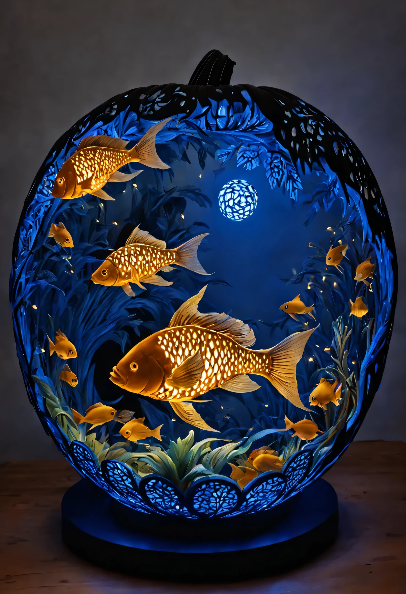 Pumpkin carving, Cutting art, cutting work, (Feels like being shaved:1.3), Blue light lantern made from cut pumpkin, intricate tropical fish carvings, (masterpiece), (highest quality), (Ultra high detail)