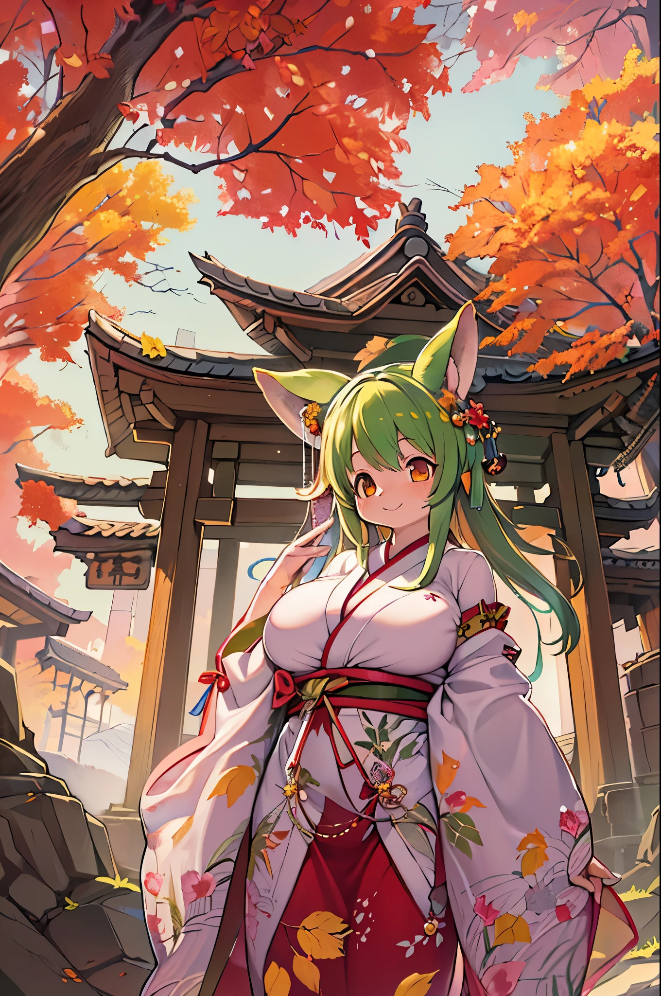 fox woman、furry body、huge breasts、cute maiden、japanese white clothes,Red too、torii,((High position))、big smile、bbw、thick tight、big ass、ultra mommy,Little,Nanachi、Beautiful shrine scenery, autumn day,maple、 loose, anime background Art, japanese art style, beautiful anime scene, detailed scenery - width 672, background art, anime scenery, anime background, 美しいanime scenery, Beautiful peace scenes in anime, landscape artwork, japanese village, anime scenery concept art, 8K))、a lot of fallen leaves