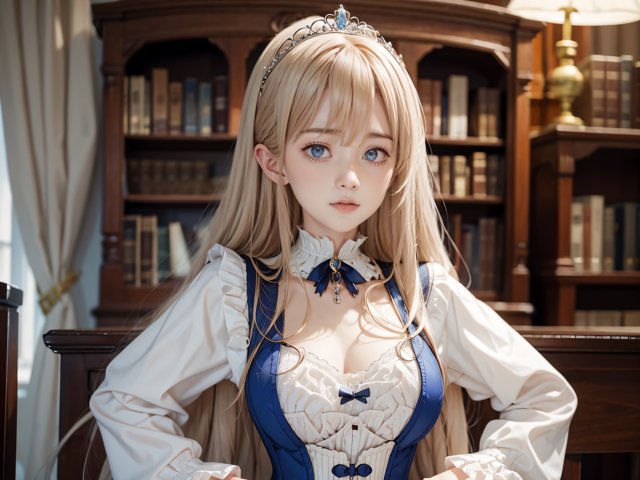 Full body, ((masterpiece)), ((best quality, highly detailed)), young woman, (from side:0.4), ((facing the camera)), gentle and lovely face, round face, ((blonde hair, blunt bangs)), long straight hair, (sleepy eyes:0.90), Blue eyes, victorian dress, corset, jeweled crown, fantasy art, cinematic lighting, library, no watermark