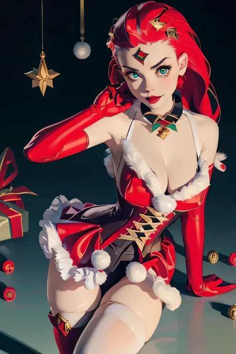  Zoe - League of Legends, masterpiece, best quality, 1girl, xmasdr3ss, thighhighs, gloves, dress, cleavage, elbow gloves, collar, white thighhighs, fur trim, bell, christmas, corset, red gloves, santa costume, santa dress 