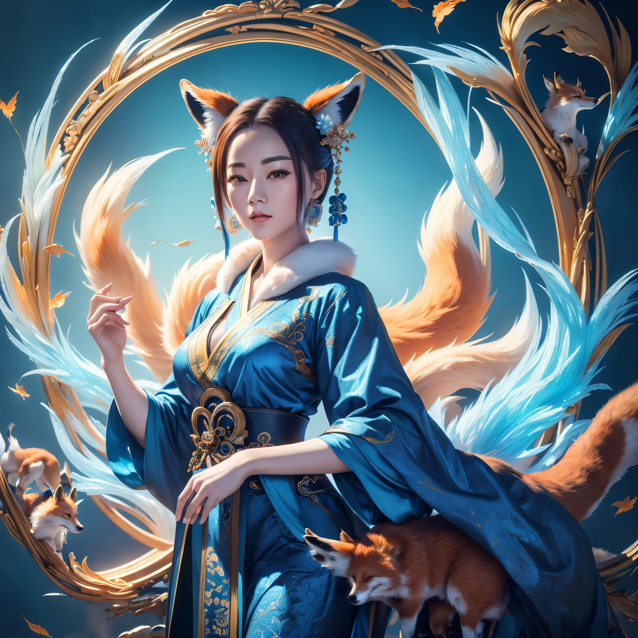 (Meilleure qualité,4k,8k,haute résolution,chef-d&#39;œuvre:1.2),ultra-détaillé, Esprit du renard chinois Su Daji, robe traditionnelle chinoise bleue, HDR, 8k, absurdes, Cinéstill 800, netteté