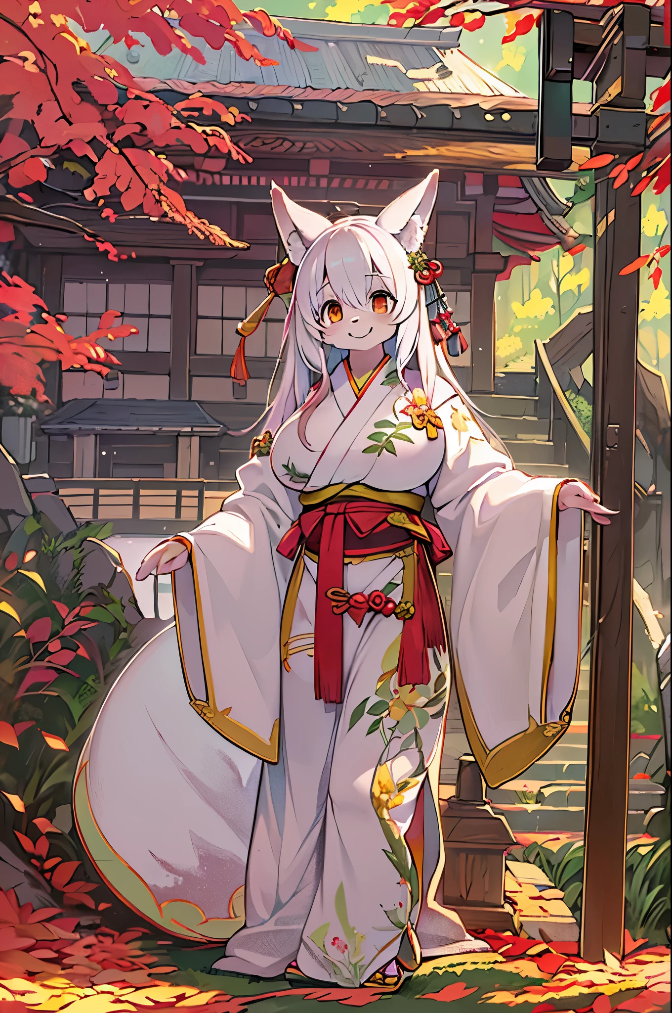 fox woman、furry body、huge breasts、cute maiden、japanese white clothes,Red too、torii,((High position))、big smile、bbw、thick tight、big ass、ultra mommy,Little,Nanachi、Beautiful shrine scenery, autumn day,maple、 loose, anime background Art, japanese art style, beautiful anime scene, detailed scenery - width 672, background art, anime scenery, anime background, 美しいanime scenery, Beautiful peace scenes in anime, landscape artwork, japanese village, anime scenery concept art, 8K))、a lot of fallen leaves