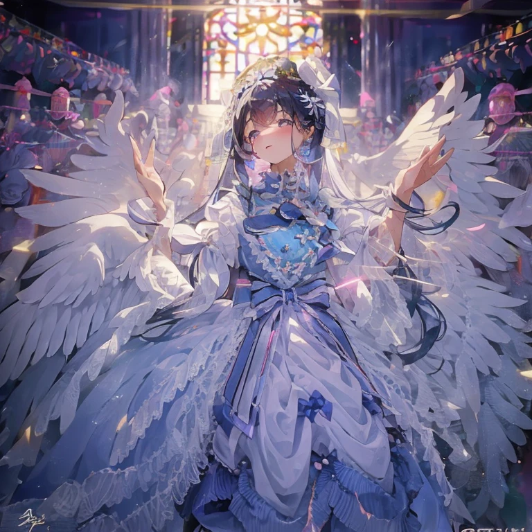 8K　4K　Beautiful images　masterpiece　Super high quality　wallpaper　beautiful少女　aristocratic dress　church　Light　angel wings　fantasy　one girl　1 girl　Beautiful　beautiful　flower　廃墟のchurch  超美麗　ultra high resolution　A Saint Full of Charity　Estrus　girl praying