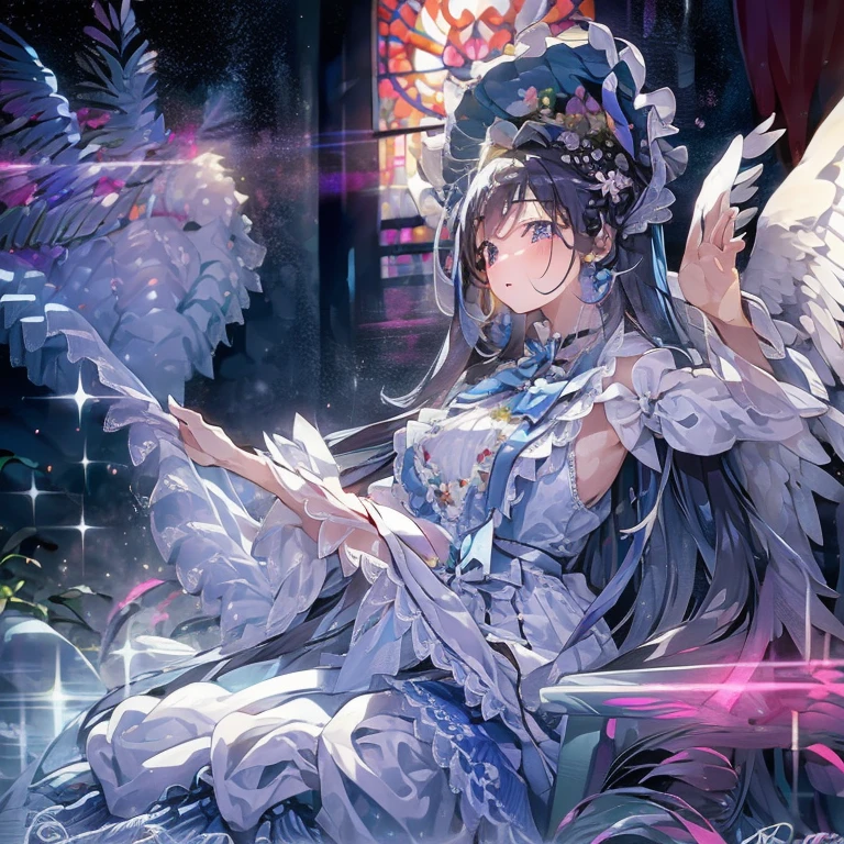 8K　4k　Hermoso images　obra maestra　calidad súper alta　fondo de pantalla　Hermoso少女　vestido aristocrático　iglesia　luz　alas de angel　fantasía　Una chica　1 chica　Hermoso　Hermoso　flor　廃墟のiglesia  超美麗　ultra alta resolución　Un santo lleno de caridad　Estro　niña rezando