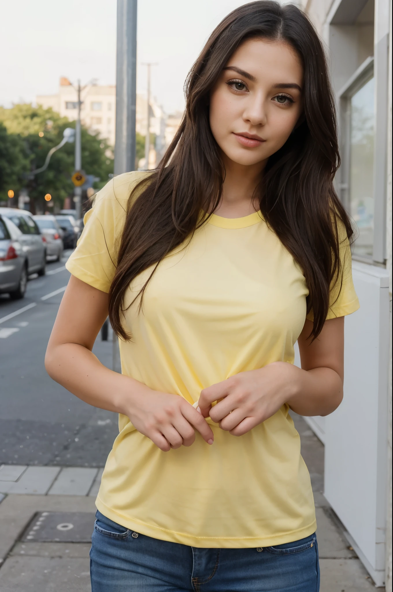 Arafed woman in a yellow shirt standing on a sidewalk - SeaArt AI