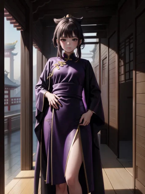 a girl, Wearing a purple and black robe, Standing in a Chinese-style building