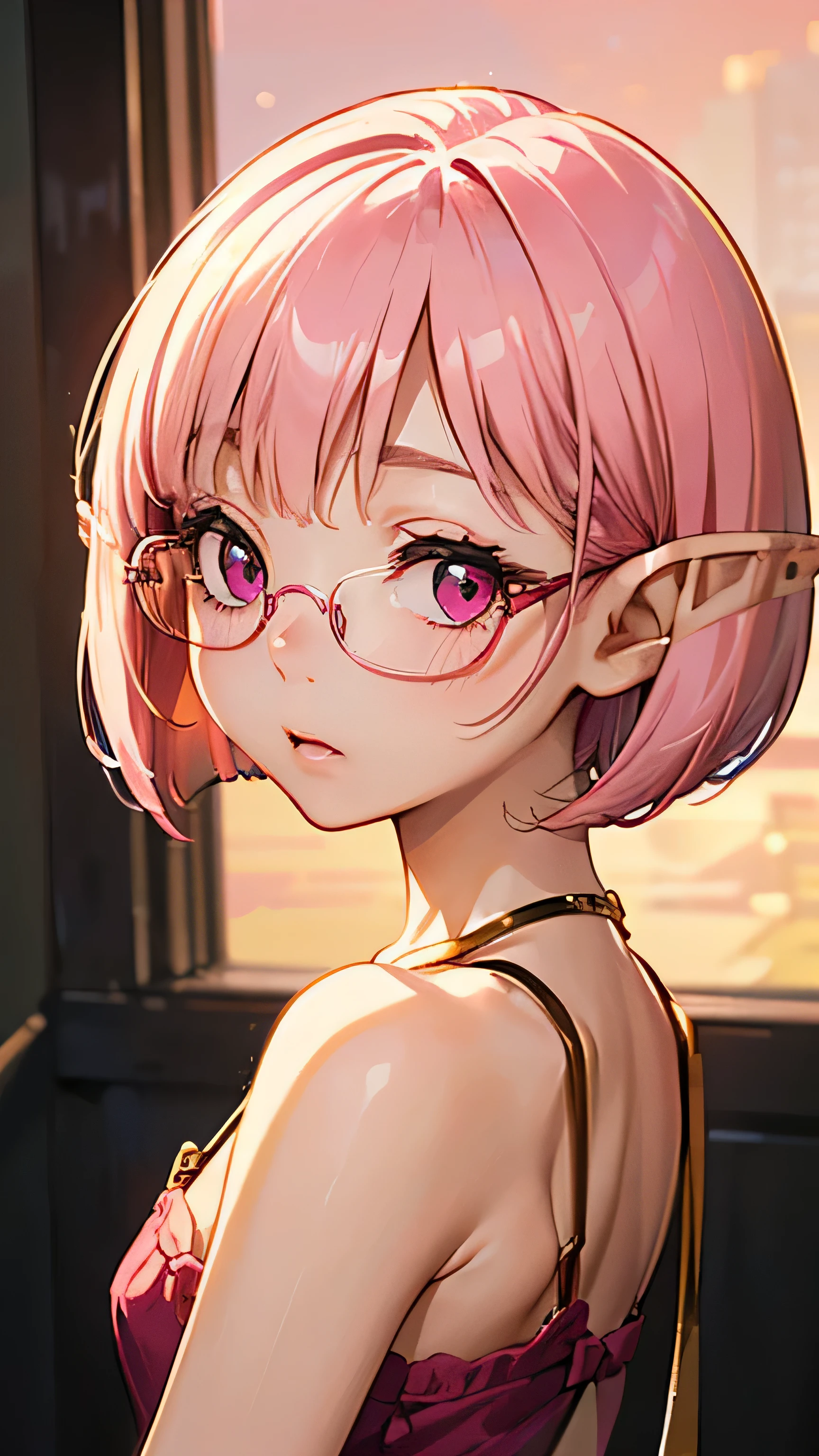 (((Milky pink short bob hair:1.2、thick red glasses with small frames:1、[elf ears:0.7]、magenta eyes:1.2)))Golden hour、Backlight、official fine art，Representative works，hyper detail、masterpiece、highest quality、An illustration、clear lines、curate, anatomically correct、
High resolution, beautiful detailed glow, muste piece(((5 years old　young girl)))