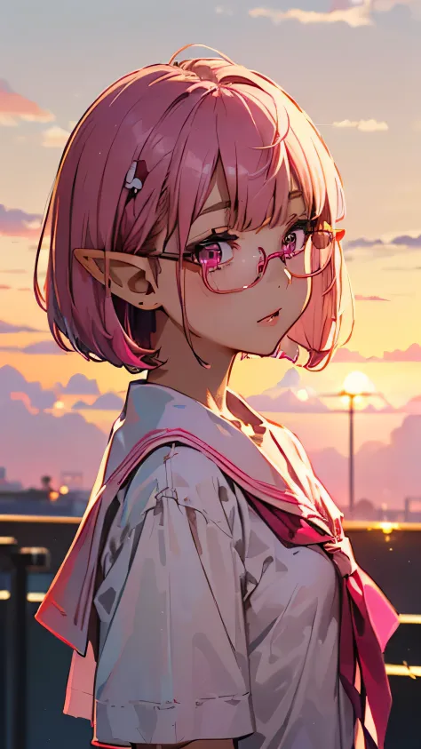 (((Milky pink short bob hair:1.2、thick red glasses with small frames:1、[elf ears:0.7]、magenta eyes:1.2)))Golden hour、Backlight、o...