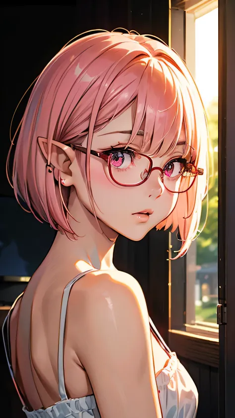 (((milky pink short bob hair:1.2、thick red glasses with small frames:1、[elf ears:0.7]、magenta eyes:1.2)))golden hour、backlight、o...