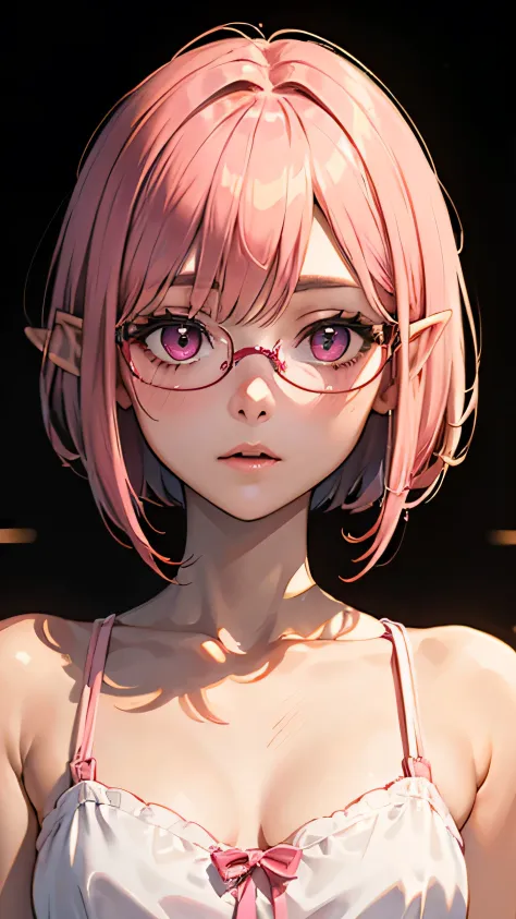 (((Milky pink short bob hair:1.2、thick red glasses with small frames:1、[elf ears:0.7]、magenta eyes:1.2)))Golden hour、Backlight、o...