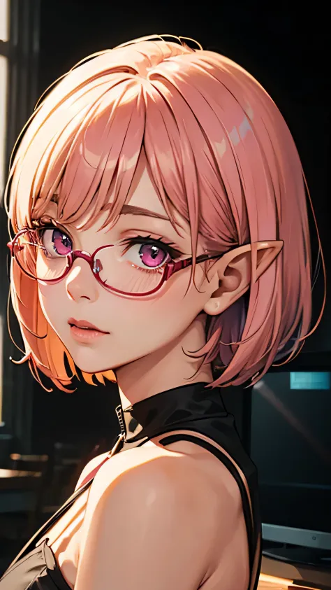 (((milky pink short bob hair:1.2、thick red glasses with small frames:1、[elf ears:0.7]、magenta eyes:1.2)))golden hour、backlight、o...