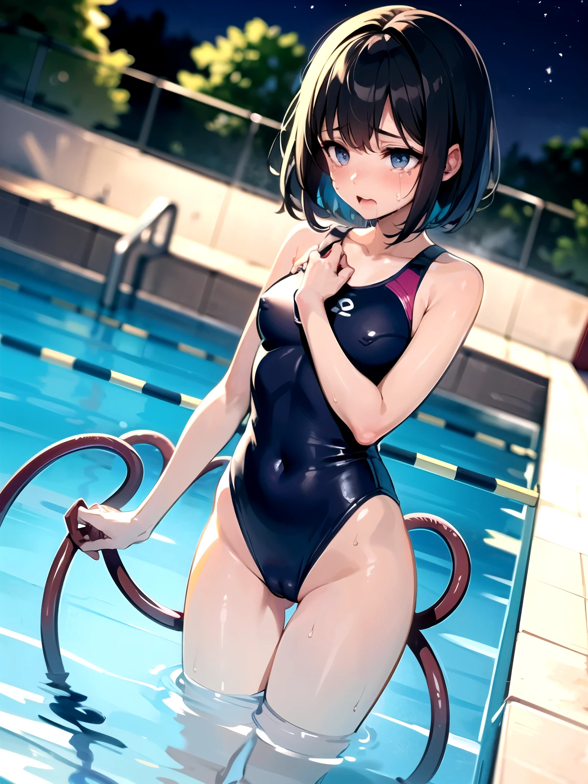 NSFW swimming pool one piece swimsuit girl short hair