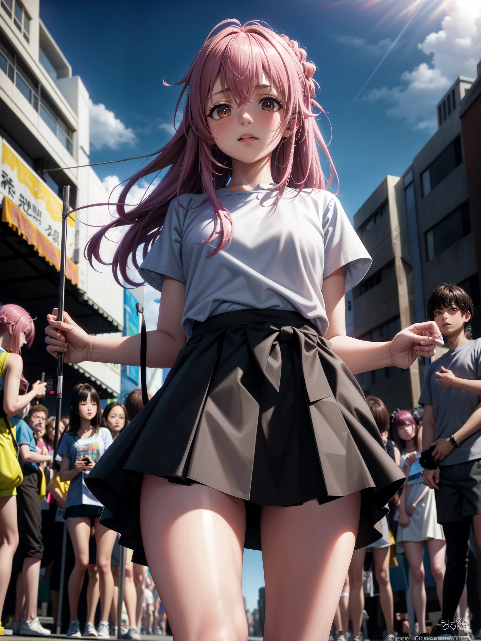 masterpiece, best quality, high resolution, ridiculous, 1 girl, crowd, skirt, pink hair, Kasai Yuno, from below, revealing clothes, Dentate skin, outdoor, Sunlight, street, looking at the audience, blush,