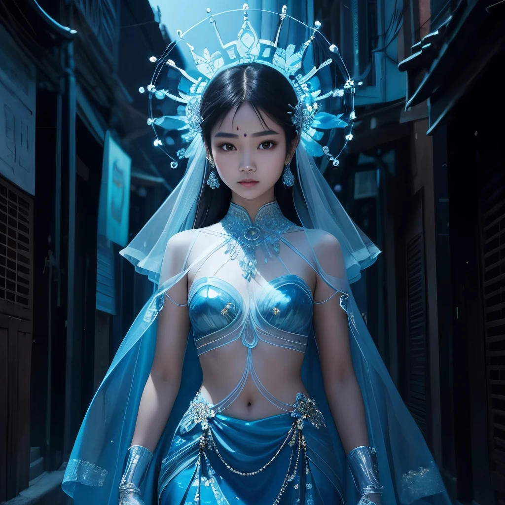 A stunning Burmese girl in traditional outfit walks casually along a quiet street, the mesmerizing reflections of her glass-like body adorned with glowing blue lights creating an ethereal presence. The semi-transparent skeleton inside her adds an intriguing element, captivating the viewers. This vivid image, reminiscent of a surreal photograph, is beautifully crafted, showcasing the delicate features of the girl and accentuating her unique traits with utmost precision and aesthetic brilliance.