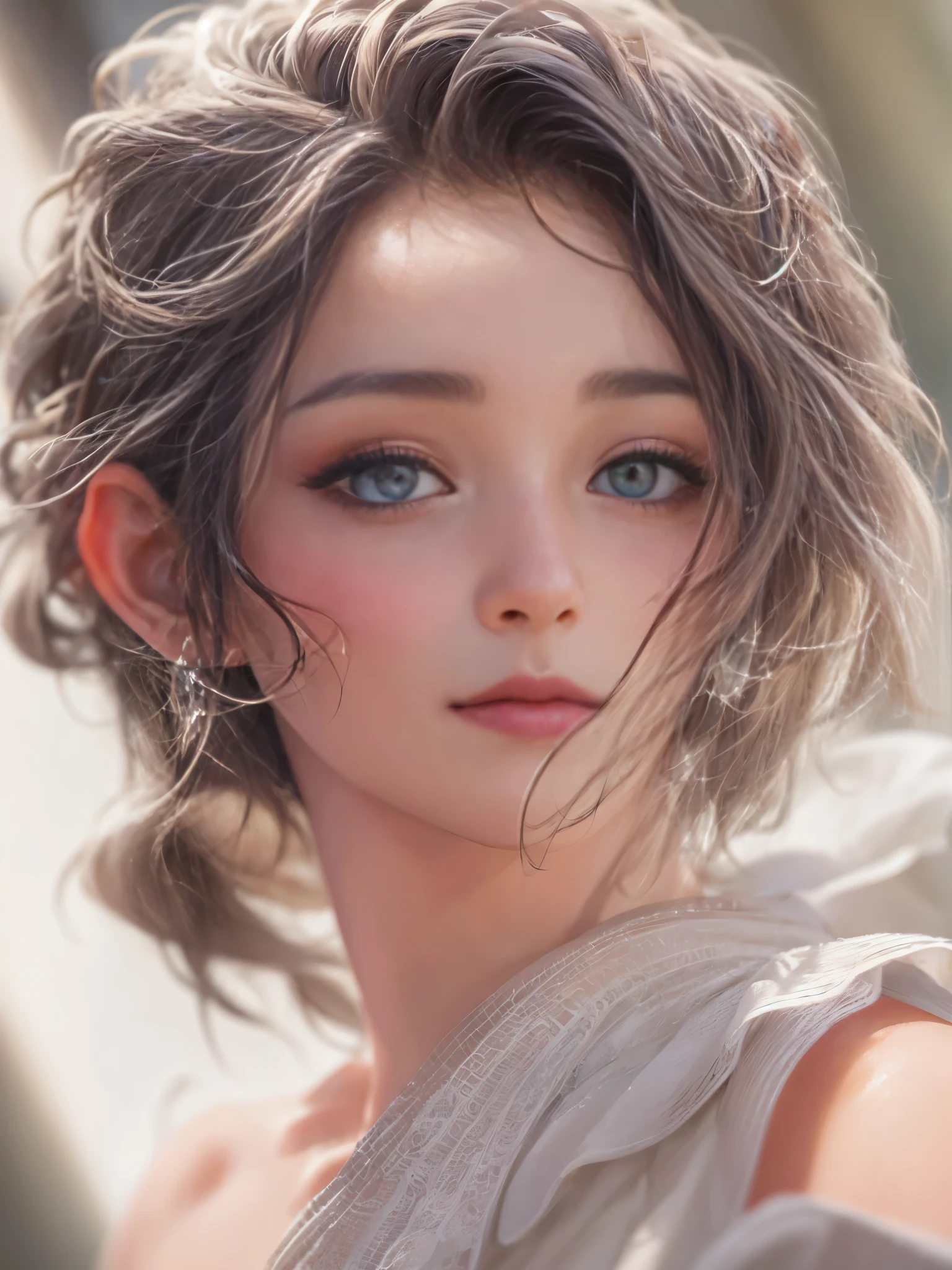 8k, best quality, masterpiece, ultra high resolution, (Reality: 1.4), original photo, (Realistic skin texture: 1.3), (film grain: 1.3), (angle), 1 girl, Beautiful Eyes and Face Details, masterpiece, best quality, close up, Upper body, looking at the audience