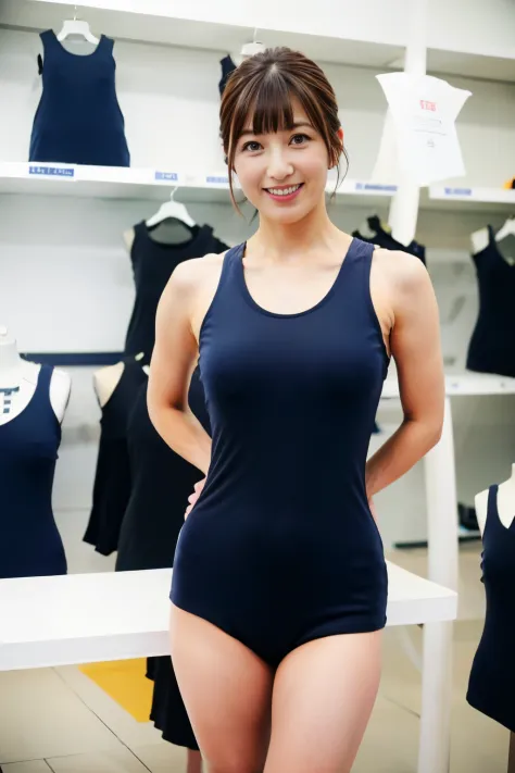 mature woman standing In the store, navy blue school swimsuit with white trim dress,bLack pantyhose,40year old,A little smile,thighs thighs thighs thighs,Knees,Crotch,middle bob brown hair,From below