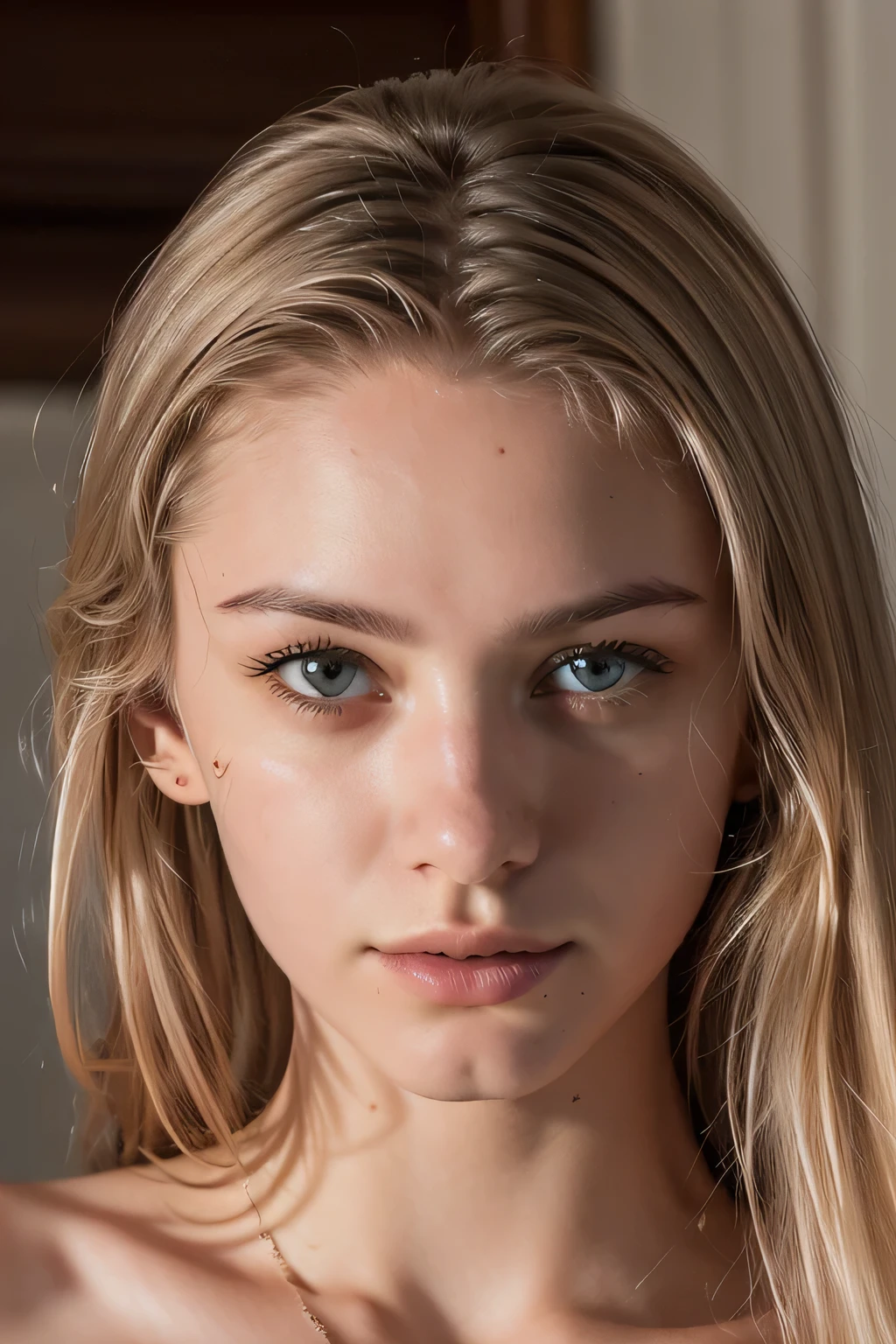 ((best quality)), ((masterpiece)), (detailed photography, photorealistic:1.4, ultra high resolution, UHD, realistic skin), (Photograph of a beautiful girl, 16 years old, very thin, athletic, small breasts, makeup, her name is Ella Donovich), light blonde hair, close up portrait