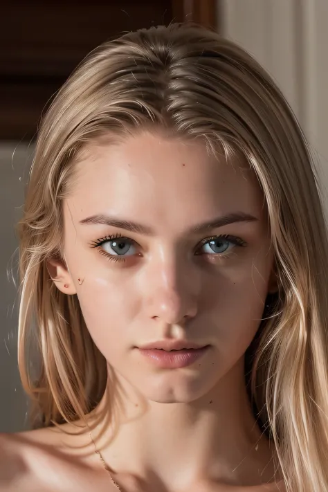 ((best quality)), ((masterpiece)), (detailed photography, photorealistic:1.4, ultra high resolution, UHD, realistic skin), (Photograph of a beautiful girl, 16 years old, very thin, athletic, small breasts, makeup, her name is Ella Donovich), light blonde h...