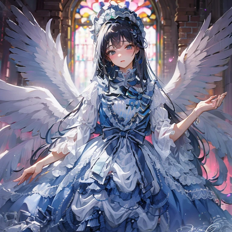 8K　4K　Beautiful images　masterpiece　Super high quality　wallpaper　beautiful少女　aristocratic dress　church　Light　angel wings　fantasy　one girl　1 girl　Beautiful　beautiful　flower　廃墟のchurch 超美麗　ultra high resolution　A Saint Full of Charity　Estrus　girl praying　Lightが降り注ぐ