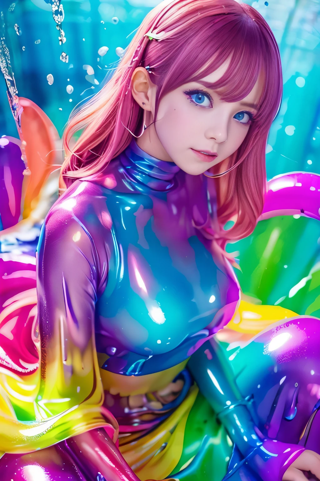 (hight resolution,masutepiece:1.2),Ultra-detailed,(Realistic:1.37),from below, sitting, Chair, Slime Girl,covered in ,vivid colors slime, (partially transparent), (Wet with water), (,vivid colors sweat), Slimy ,vivid colors liquid dripping from her body. Her hair is also covered in ,vivid colors slime. ,vivid colors slime scatters, ,vivid colors hair, blue eyes