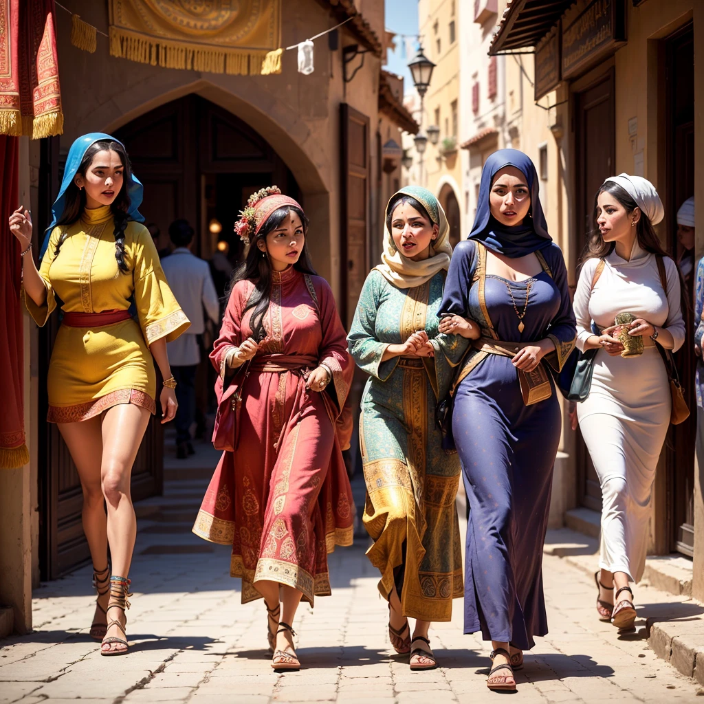 (best quality,4k,8k,highres,masterpiece:1.2),ultra-detailed,realistic:1.37,group of (beautiful,intimate) Arab lesbians walking in Moroccan streets,traditional Moroccan architecture,colorful clothing and accessories,brisk walking pace,narrow streets and bustling marketplace,vibrant atmosphere,sunlit lanes and shadows filtering through buildings,friendly interactions and laughter,ornate doorways and tiled facades,aromatic scents of spices and traditional cuisine,mystical lanterns hanging overhead,towering minarets and calls to prayer,playful stray cats and dogs weaving through the crowd,rich textures and intricate patterns in clothing and textiles,dazzling array of vibrant colors and patterns,unique cultural diversity and ethnic representation,celebration of love and  expressed.