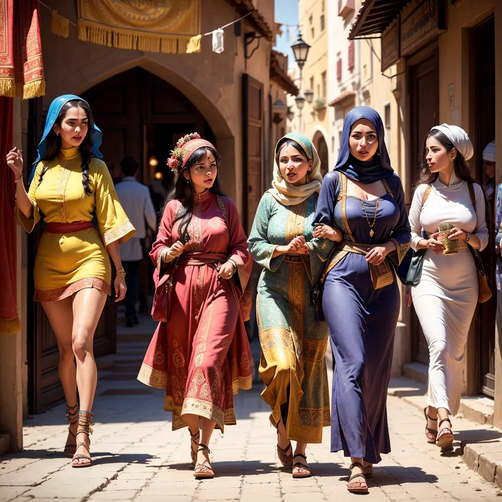 (best quality,4k,8k,highres,masterpiece:1.2),ultra-detailed,realistic:1.37,group of (beautiful,intimate) Arab lesbians walking i...