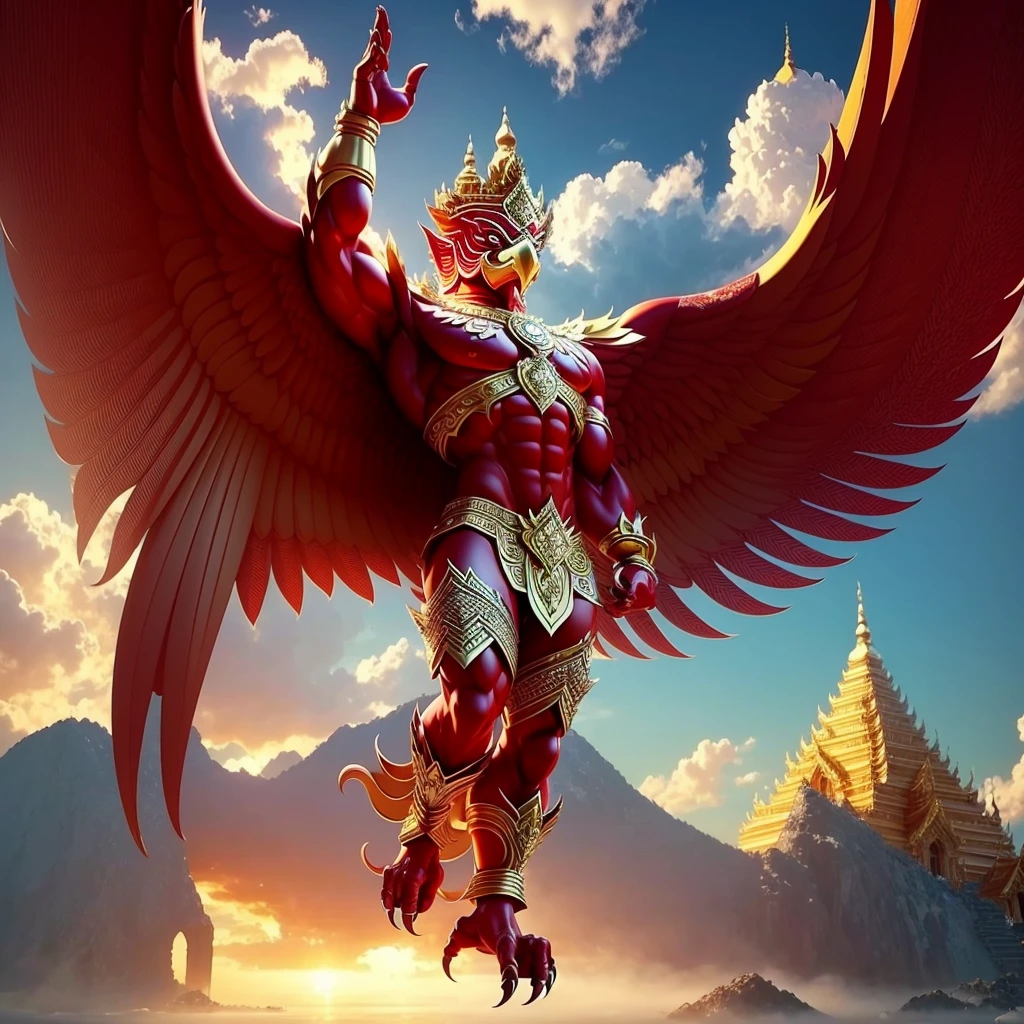 (Garuda 1) Red eyes, muscular body. Best anatomy: Red-skinned Garuda. Red-haired Garuda. Large, outstretched, red-winged Garuda. perfect wingspan Wear jewelry made from gold with Thai patterns. Gold jewelry decorated with diamonds on Garuda's head Wearing Thai cloth pants, Thai silk, red Thai pattern. Hands on hands and legs look like perfect birds. Hands, legs, feet are perfect. Stand on the ground, look straight, stand fully. The skin is the most detailed. The skin is red. The fur is the most detailed red. Red eyes, best detail The best anatomical details, details, cloth, accessories, Thai warrior armor. Best Metal Details Best Weapons Best Weapon Details (Special details Masterpiece quality Realistic Photos(Ultimate Realistic Photos 8k,16k,32k) Maximum realism and best lighting details. Best light quality, best shadows World class photography studio (Best close-up view)(The backdrop of the Thai temple castle is extinguished with gold, silver, emeralds, diamonds, perfect. The background is the sky, clouds, and fog. It feels natural and realistic.)