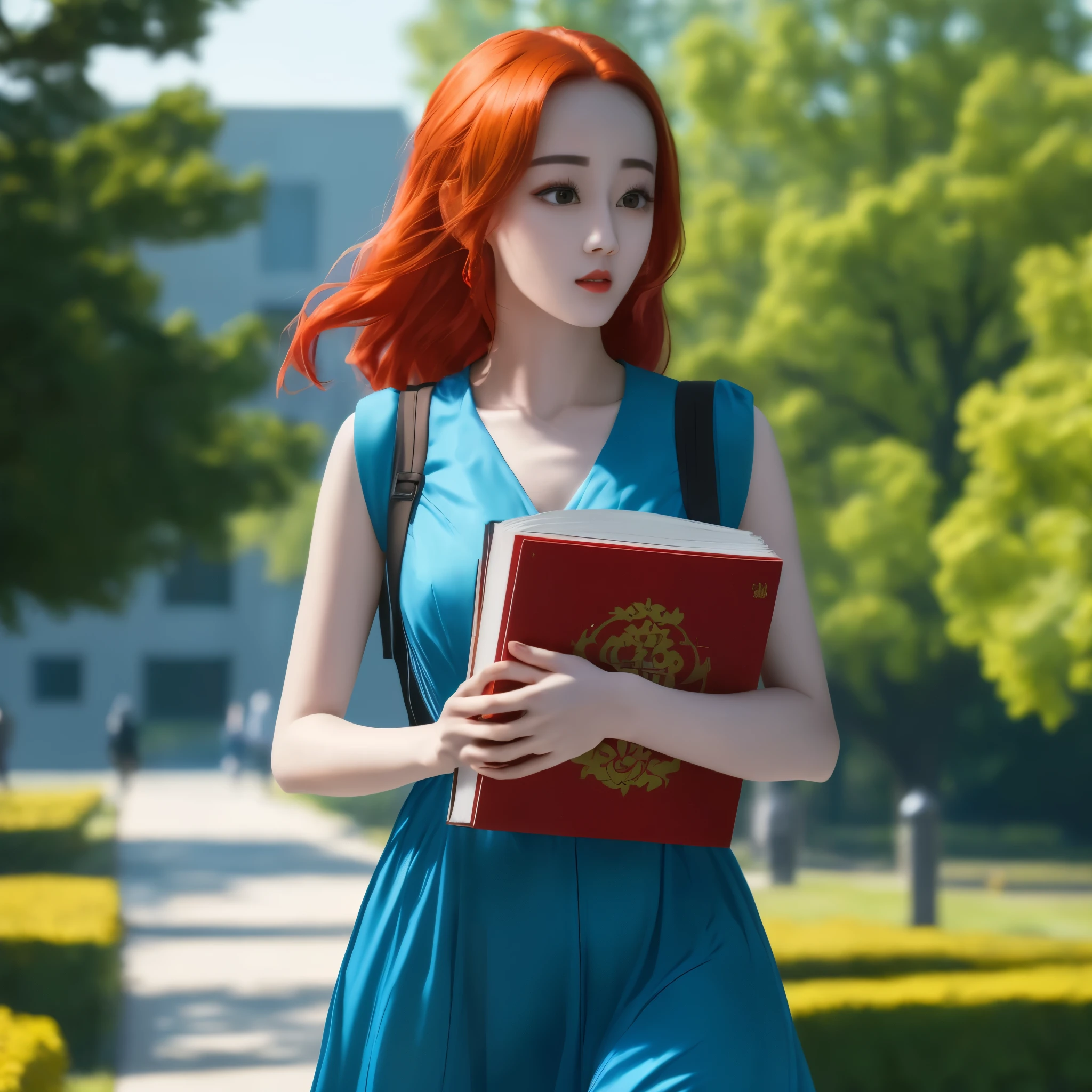 (best quality,4k,8k,highres,masterpiece:1.2),ultra-detailed, red haired Chinese college student, Dilraba Dilmurat, walking on campus. blue sundress, carrying books HDR, 8k, absurdres, cinestill 800, sharp focus