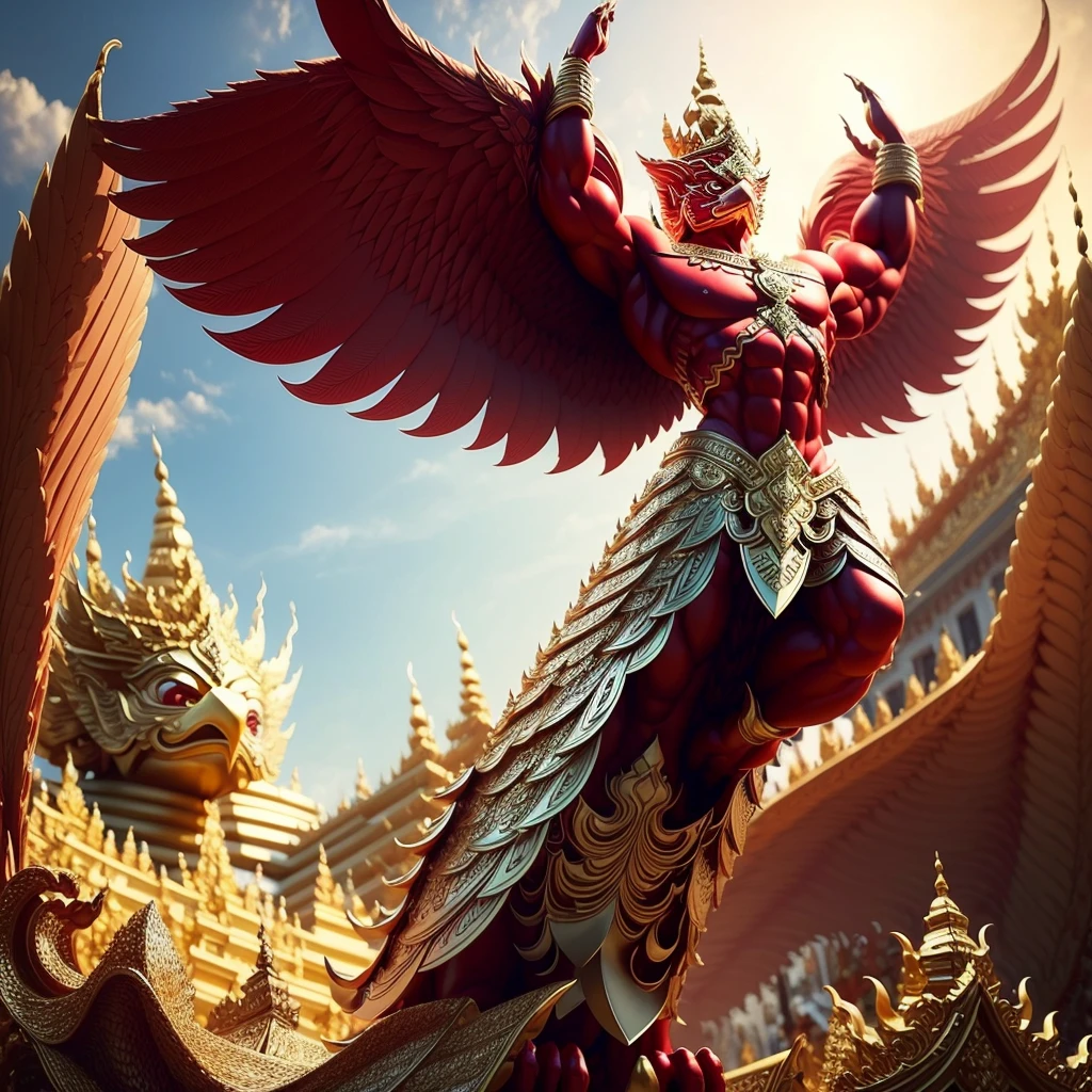 (Garuda 1) Red eyes, muscular body. Best anatomy: Red-skinned Garuda. Red-haired Garuda. Large, outstretched, red-winged Garuda. perfect wingspan Wear jewelry made from gold with Thai patterns. Gold jewelry decorated with diamonds on Garuda's head Wearing Thai cloth pants, Thai silk, red Thai pattern. Hands on hands and legs look like perfect birds. Hands, legs, feet are perfect. Stand on the ground, look straight, stand fully. The skin is the most detailed. The skin is red. The fur is the most detailed red. Red eyes, best detail The best anatomical details, details, cloth, accessories, Thai warrior armor. Best Metal Details Best Weapons Best Weapon Details (Special details Masterpiece quality Realistic Photos(Ultimate Realistic Photos 8k,16k,32k) Maximum realism and best lighting details. Best light quality, best shadows World class photography studio (Best close-up view)(The backdrop of the Thai temple castle is extinguished with gold, silver, emeralds, diamonds, perfect. The background is the sky, clouds, and fog. It feels natural and realistic.)