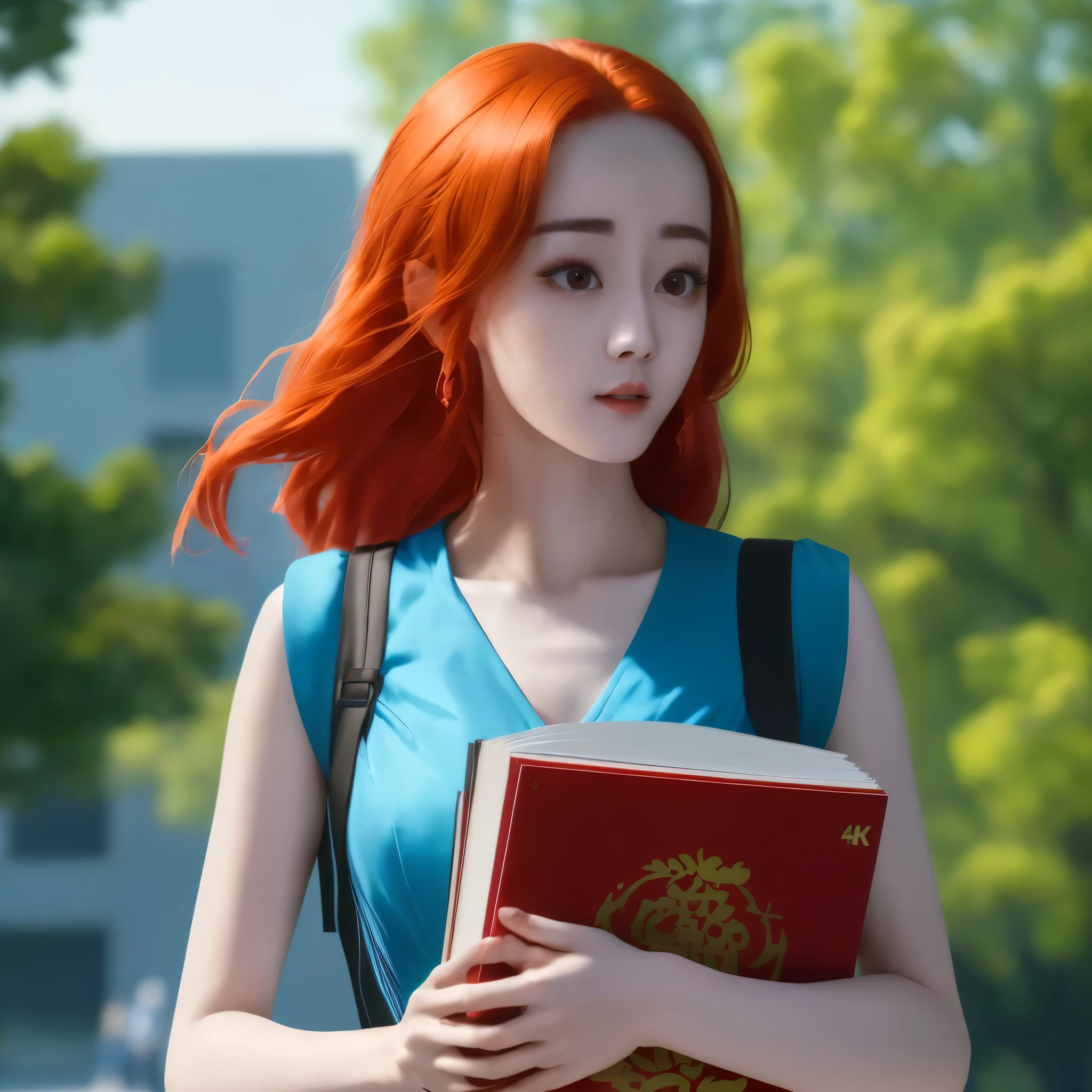 (Meilleure qualité,4k,8k,haute résolution,chef-d&#39;œuvre:1.2),ultra-détaillé, étudiant chinois aux cheveux roux, dilraba dilmurat, Marcher sur le campus. Robe d&#39;été bleue, porter des livres HDR, 8k, absurdes, Cinéstill 800, netteté