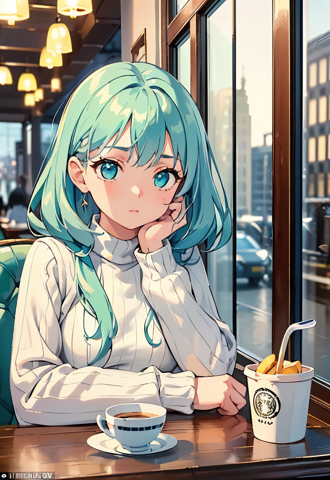 (masterpiece:1.2, best quality), (intricate details, depth of field), (1girl, solo), (small breasts:1.2), highly-detailed, perfect face, (skindentation), turquoise hairs, cyan eyes, (A girl sitting in cafe, white sweater), winter night, sitting near windows, blurry background, (fries:1.0)