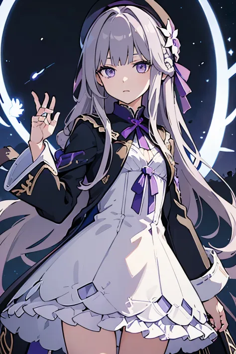 (best quality:1.3), (masterpiece:1.3), (illustration:1.3), (ultra-detailed:1.3), 1girl, solo, very young, flat chest, purple eyes, white hair, long hair, white dress, black coat, black beret, serious expression, looking at viewer, purple flower, hair ornam...