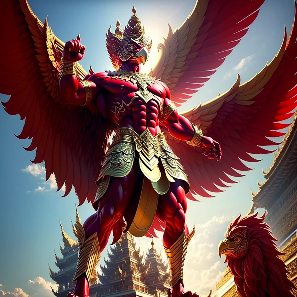 (Garuda 1) Red eyes, muscular body. Best anatomy: Red-skinned Garuda. Red-haired Garuda. Large, outstretched, red-winged Garuda. perfect wingspan Wear jewelry made from gold with Thai patterns. Gold jewelry decorated with diamonds on Garuda's head Wearing Thai cloth pants, Thai silk, red Thai pattern. Hands on hands and legs look like perfect birds. Hands, legs, feet are perfect. Stand on the ground, look straight, stand fully. The skin is the most detailed. The skin is red. The fur is the most detailed red. Red eyes, best detail The best anatomical details, details, cloth, accessories, Thai warrior armor. Best Metal Details Best Weapons Best Weapon Details (Special details Masterpiece quality Realistic Photos(Ultimate Realistic Photos 8k,16k,32k) Maximum realism and best lighting details. Best light quality, best shadows World class photography studio (Best close-up view)(The backdrop of the Thai temple castle is extinguished with gold, silver, emeralds, diamonds, perfect. The background is the sky, clouds, and fog. It feels natural and realistic.)