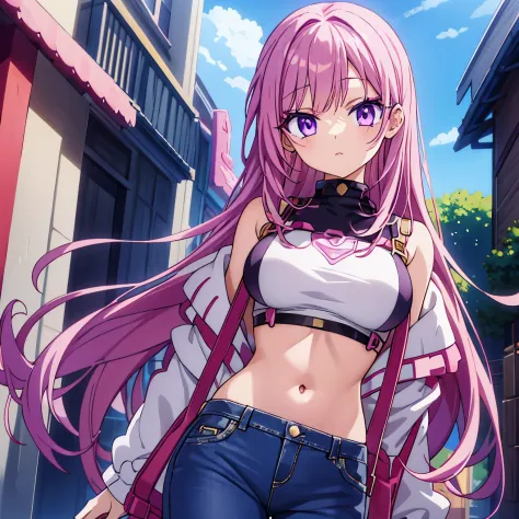 Anime girl long eyelashes purple eyes long pink hair with bangs with white crop top with jeans with holes in them with gold jewe...