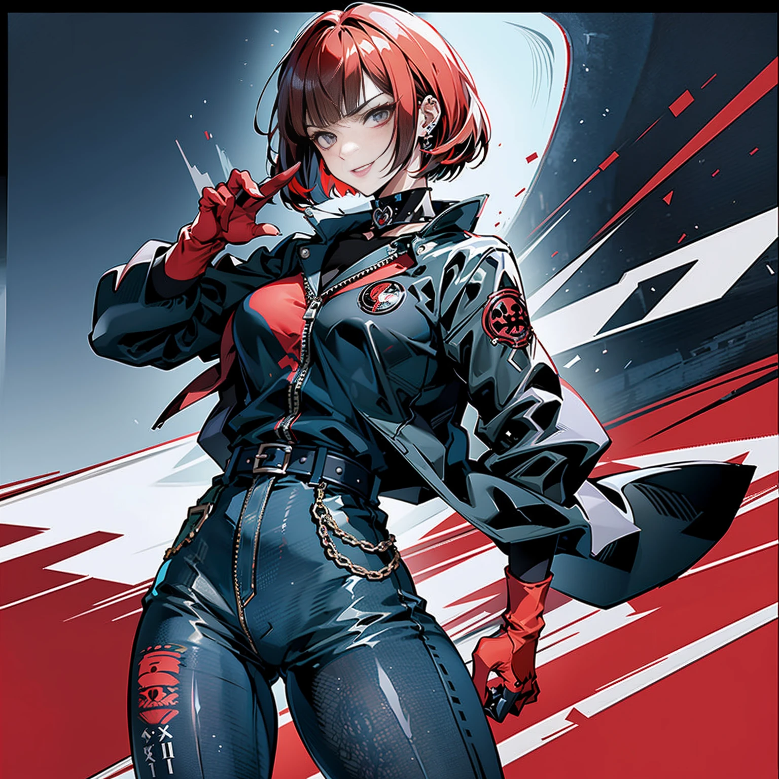 in the art style of persona5 and in the art style of street of rage 4, delinquent, (sukeban), mature_female, blush, mature, older woman, 2, Sukeban teacher outfit, (1girl, solo female, solo, solo focus)++++, choker, sukeban teacher, sukeban fighter, long_sleeves, open jacket, blue jacket,( jean)+++, light skin tone female, (full body)+++++, jacket, biker jacket, tape, arm_support, gloves, red_gloves, bridal gauntlets, nail polish, boots, black_footwear, fighter outfit, (full body)+++++++, hourglass, mature face, cheeky smile, cheeky face, wrinkles, (red hair, short hair, bob cut, earrings, ear piercings), red eyeighting art, Martial arts, standing, fighting_stance, fight, fighting), extra colors, 2D, megapixel, perfectionism, accent lighting, full HD , (Masterpiece:1.2), (full-body-shot:1),(cowboy shot:1.2), (Highly detailed:1.2),(anime Detailed Face:1.2), Colorful, A detailed eye, (Detailed landscape:1.2), (natural lighting:1.2), ((sukeban school teacher)) by Vincent Di Fate: Aidyllery, Anamorphic Shot, rule of thirds, face by Artgerm and WLOP,