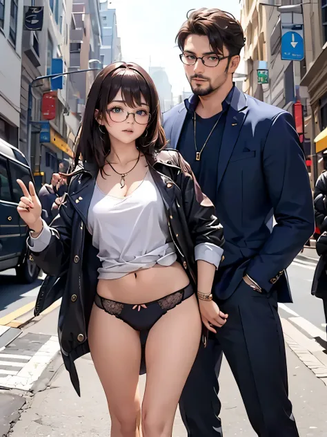 (a woman shows off her panties), (a man looking at her and holding his crotch), glasses with thin rim, jacket, white-blouse, luxury designed panties, open legs, loafers, thin necklace,