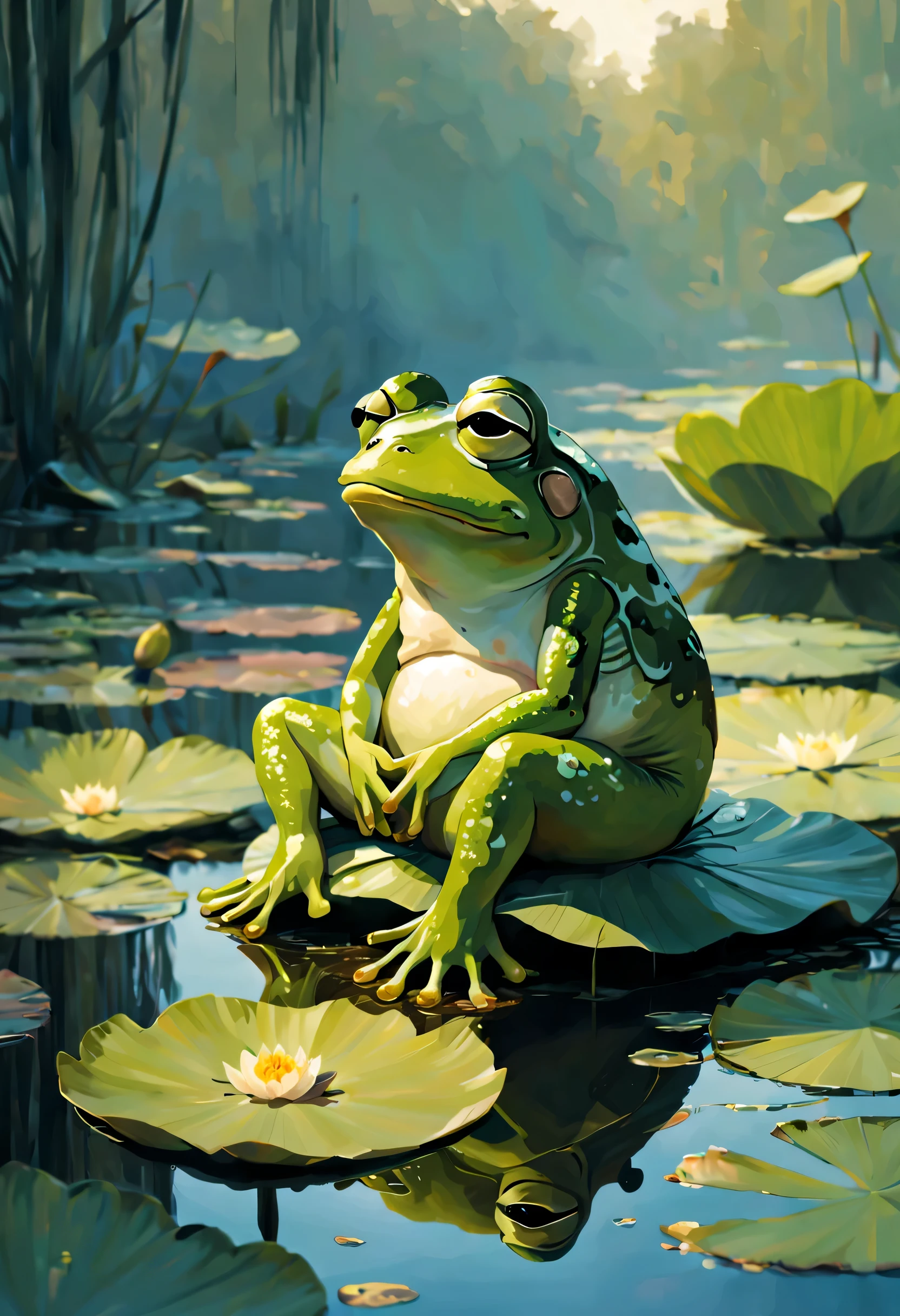 A 青蛙 sitting on a water lily，（现在佩佩_青蛙：1.2），不幸的，全身，沼泽，侧面图，盘坐、
（布面油画：0.1）、电影灯、杰里米·曼、暗色镜片、蔬菜、亮点品质，高分辨率，非常详细的单元配置，杰作，