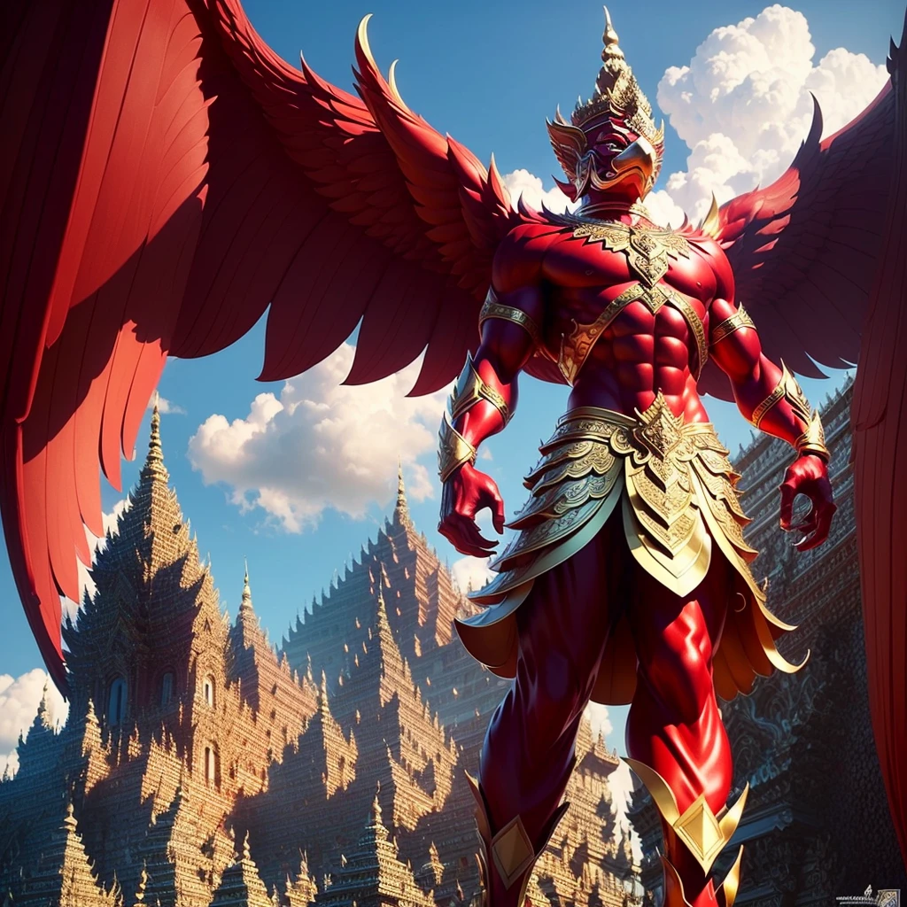 (Garuda 1) Red eyes, muscular body. Best anatomy: Red-skinned Garuda. Red-haired Garuda. Large, outstretched, red-winged Garuda. perfect wingspan Wear jewelry made from gold with Thai patterns. Gold jewelry decorated with diamonds on Garuda's head Wearing Thai cloth pants, Thai silk, red Thai pattern. Hands on hands and legs look like perfect birds. Hands, legs, feet are perfect. Stand on the ground, look straight, stand fully. The skin is the most detailed. The skin is red. The fur is the most detailed red. Red eyes, best detail The best anatomical details, details, cloth, accessories, Thai warrior armor. Best Metal Details Best Weapons Best Weapon Details (Special details Masterpiece quality Realistic Photos(Ultimate Realistic Photos 8k,16k,32k) Maximum realism and best lighting details. Best light quality, best shadows World class photography studio (Best close-up view)(The backdrop of the Thai temple castle is extinguished with gold, silver, emeralds, diamonds, perfect. The background is the sky, clouds, and fog. It feels natural and realistic.)