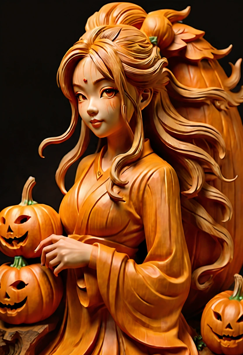 arte de tallado de calabaza, una mujer con el pelo largo y despeinado, Falda apretada, rubor de nariz, Superficie lisa, luz de beso negro, Fondo de vetas de madera, juguetón illustrations, juguetón, Imágenes de ensueño, Estilo chino, extremadamente detallado, iluminación suave, soft contrast, arte increíble, ¡vaya!, estación de arte, artegerm, renderizado de octanaje, (mejor calidad, obra maestra, Trabajo representativo, arte oficial, Profesional, 8K:1.3)